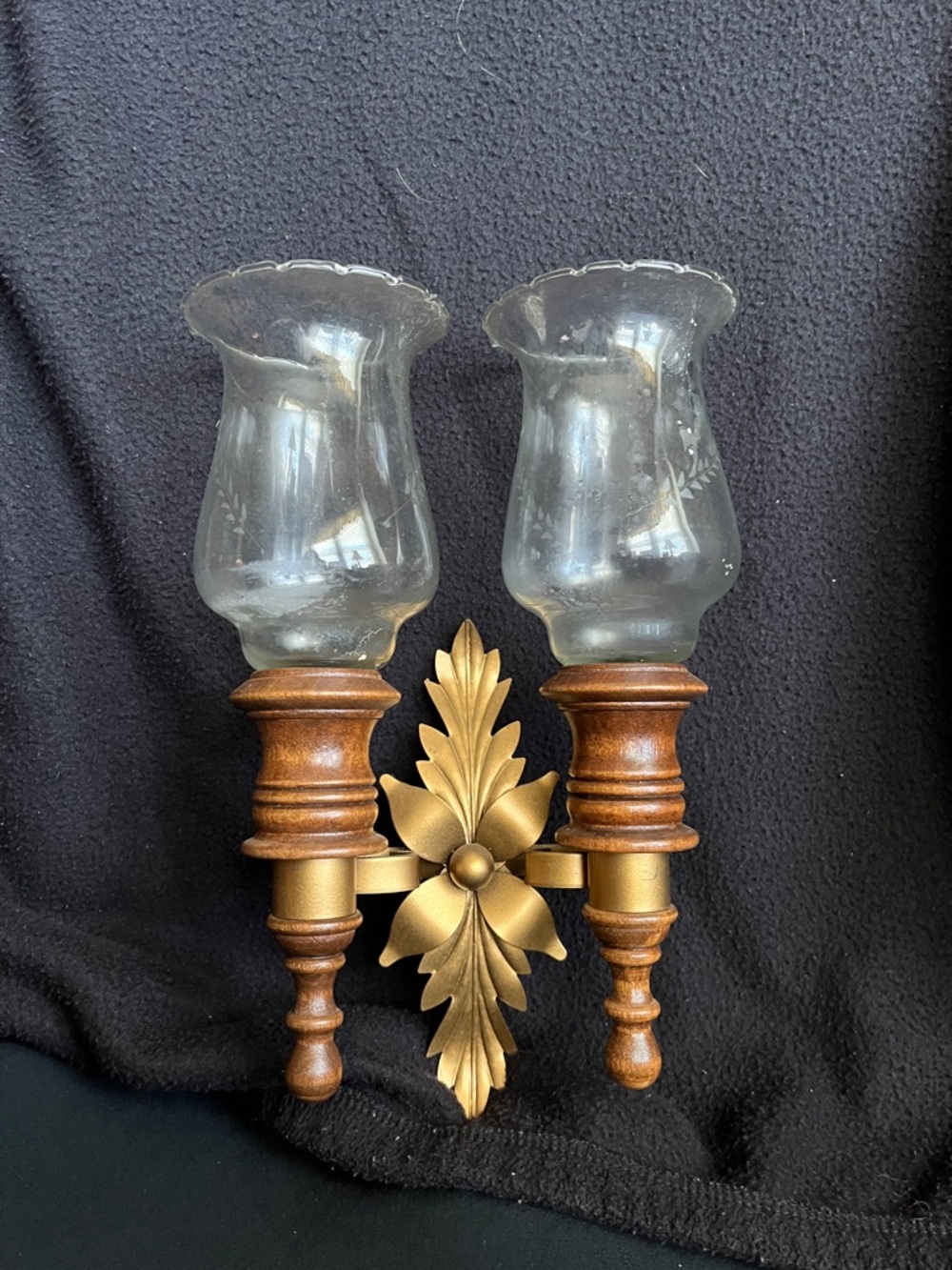 Vintage Homco Gold and Wood Double Wall Sconce with Clear Glass Shades